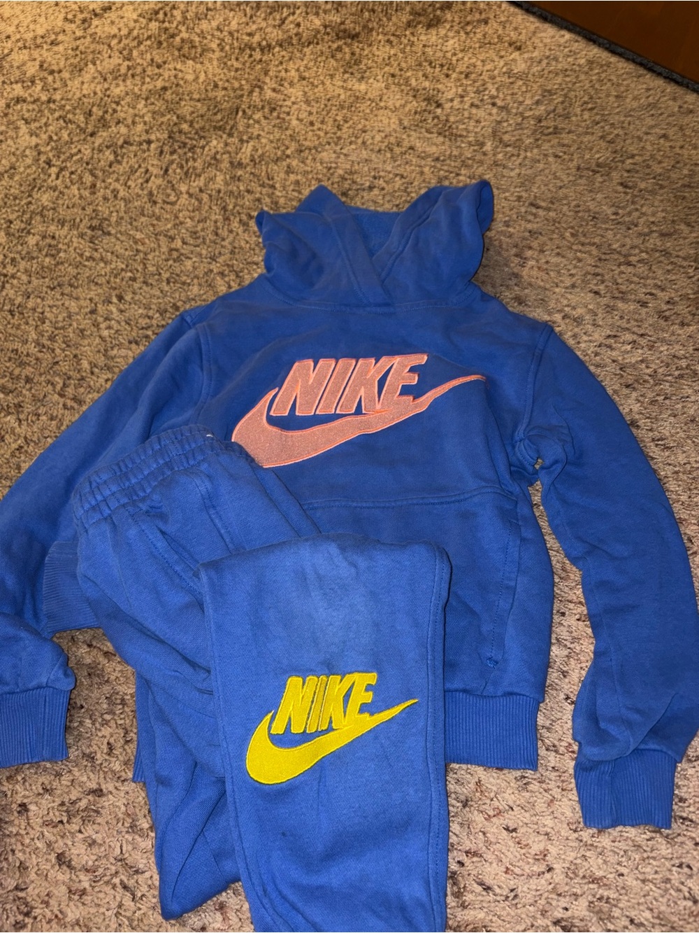 Nike Kids Blue Hoodie and Joggers with Pink and Yellow Logos Sz YS